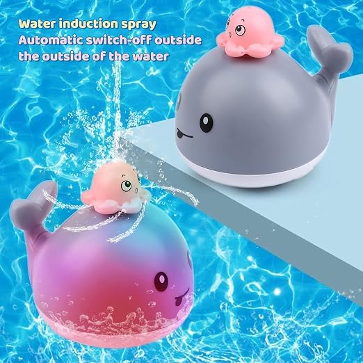 Automatic Light Up Whale Bath Toy and Water Fountain Sprinkler, Fun Sensory Learning Toy for Infants, Toddlers, and Kids (Grey)